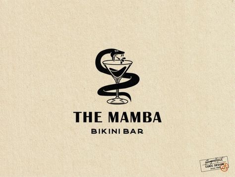 classic masculine design features an alcoholic beverage with a Black Mamba wrapped around the glass Bar Logos Vintage, Bar Logos Ideas, Bar Logo Design Ideas Graphics, Sports Bar Logo Design, Cocktail Bar Logo Design Ideas, Logo Design Bar, Dive Bar Logo, Alcohol Branding Design, Luxurious Logo Design