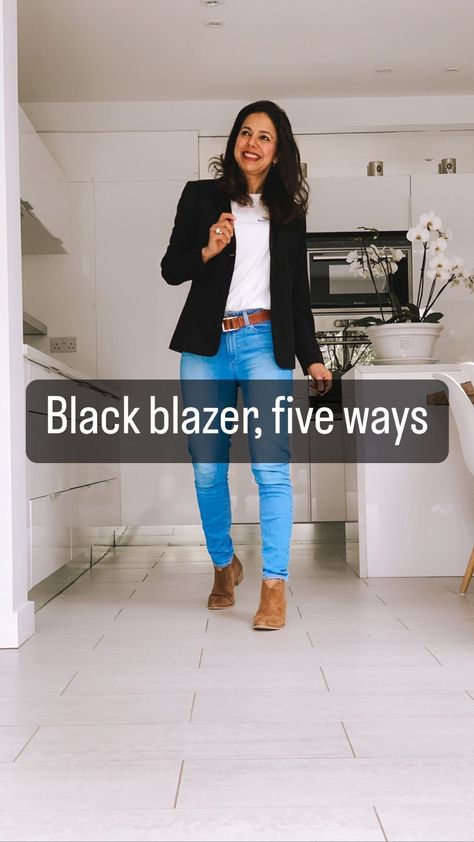 🖤 STYLE A BLACK BLAZER - 5 WAYS 🖤 Last week I featured black jeans, now the black blazer takes centre stage. TBH, any of these looks… | Instagram Blue Jeans Black Blazer Outfit, How To Style Black Blazer, Black Blazer With Jeans Outfit, What To Wear Under A Blazer, Black Blazer Jeans Outfit, Black Blazer Outfits For Women Casual, How To Style A Black Blazer, Black Blazer Outfits For Women Work, Black Blazer Outfits For Women