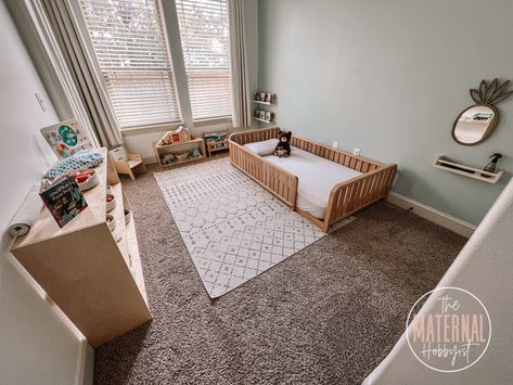 How to Create a Montessori Toddler Bedroom: A Step-by-Step Guide – The Maternal Hobbyist Montessori Bedroom Twins, Toddler Floor Bed Room Setup, Montessori Bedroom 1 Year, Montessori Bedroom Toddler Boys, Toddler Bedroom Layout, Toddler Room Layout, Toddler Bedroom Ideas For Boys, Toddler Montessori Bedroom, Small Toddler Rooms