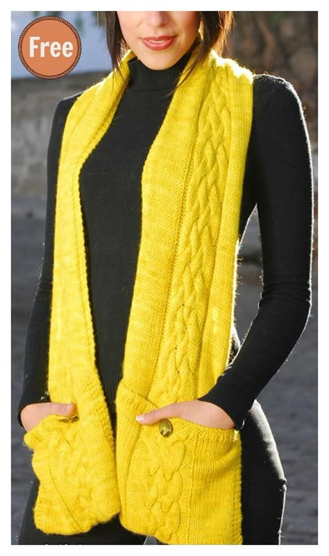 Pocketed Reader Scarf Free Knitting Pattern #freeknittingpattern #knitscarf  #cableknitting Stock Patterns, Easy Scarf Knitting Patterns, Scarf With Pockets, Super Scarf, Pocket Scarf, Knitting Patterns Free Scarf, Pocket Scarves, Knitted Scarves, Yellow Scarf