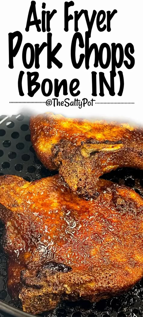 Super duper delicious and easy to make, air fryer bone in pork chops are one of those recipe ideas that you keep in your back pocket for busy weeknight meals when everyone needs to eat fast! These chops are sweet and savory, and making them is a cinch in the air fryer. Oven Air Fryer Pork Chops, Bone In Pork Chops Air Fryer, Keto Air Fryer Pork Chops Bone In, Air Fryer Breaded Pork Chops Bone In, Airfryer Pork Chop Recipes, Sirloin Pork Chop Recipes Air Fryer, Center Lion Pork Chops Air Fryer, Airfryer Bone In Pork Chops, Cooking Pork Chops In Air Fryer