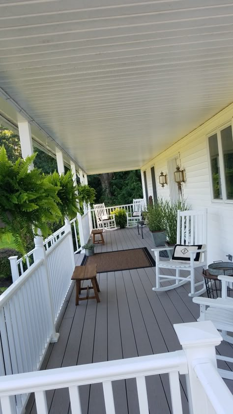 White Porch Furniture Ideas, Grey Deck White Railing Porch Ideas, Deck Colors Ideas Paint White House, Painted Front Deck, Deck Colors For Yellow House, Front Porch Decking, Wood Porch Paint Ideas, Front Porch Farmhouse Ideas, Grey Porch Paint