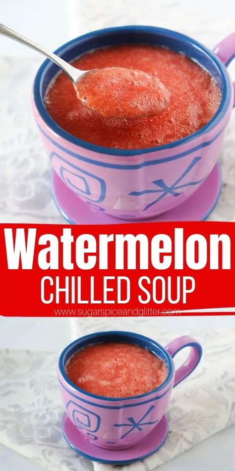 How to make watermelon soup - a refreshing chilled gazpacho with watermelon, lemon and mint. You can add ginger or jalapenos, too! Inspired by the Disney World recipe from the Grand Floridian Hotel Cold Fruit Soup, Cold Soup Recipes Summer, Strawberry Soup Recipe, Soup Recipes Summer, Watermelon Gazpacho Recipe, Chilled Soups, Watermelon Soup, Strawberry Soup, Saturday Dinner