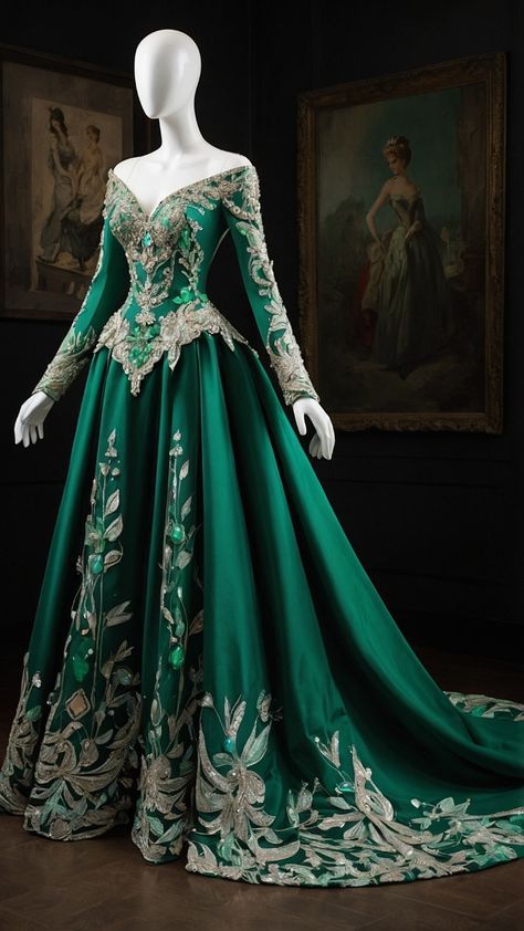 Medieval Dress Princess Gowns, Green Bridgerton Dress, Green Royal Dress, Fantasy Dress Green, Princess Gowns Aesthetic, Medieval Gowns Royals, Medieval Ball Gowns, Fantasy Ball Dress, Queen Dress Royal Medieval