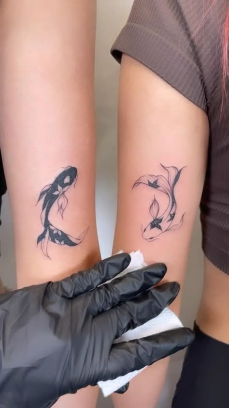 Matching Animal Tattoos Couple, Medium Sized Matching Tattoos, Polar Opposite Sister Tattoos, Mother And Daughter Disney Tattoos, Cosmo Tattoo Universe, Sea Matching Tattoos, Pisces And Aries Tattoo, Matching But Different Tattoos Couples, Nature Couple Tattoos