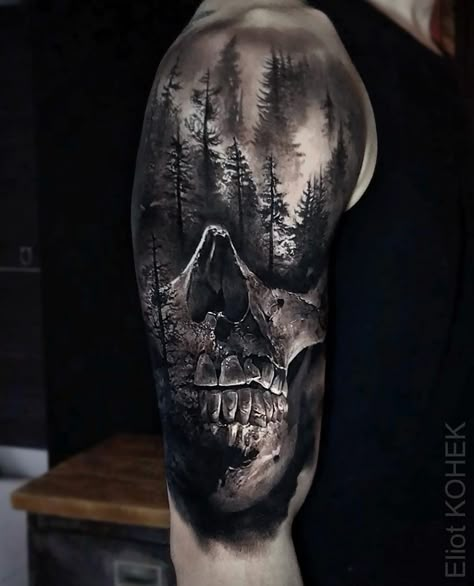 Sublime piece done on guy's shoulder and upper arm, with a realism skull and a dark, scary looking forest above. Scary Tree Tattoo, Forest Tattoo, Nature Tattoo Sleeve, Skull Sleeve Tattoos, Skull Sleeve, Cool Arm Tattoos, Marvel Tattoos, Scary Tattoos, Landscape Tattoo