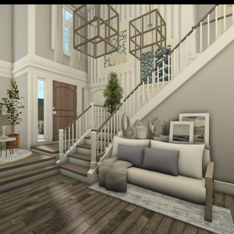 Inspo For Bloxburg House, Cute Staircase Ideas Bloxburg, Cute Bloxburg Houses 2 Story Cozy, Modern Farmhouse House Bloxburg, Bloxburg Living Room Inspiration, Rooms To Build In Bloxburg, Entryway Idea Bloxburg, Bloxburg House Themes Exterior, Blocksberg House Ideas Layout