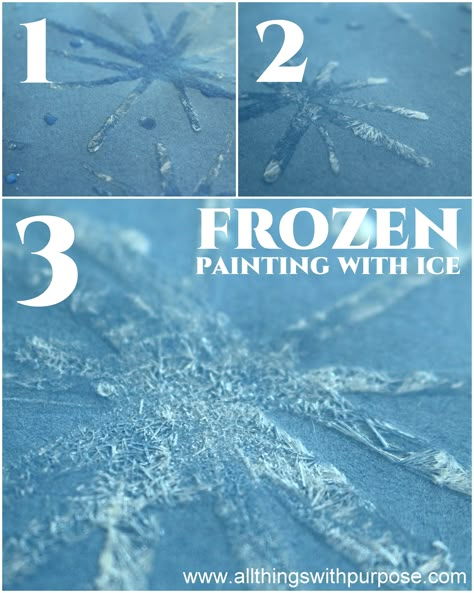 Microwave water and had equal amount of Epsom salt, add a few drops of water or leave colorless.  Paint the water onto cardstock or construction paper. As the water dries the salt in it makes it look like ice! Frozen Soundtrack, Frozen Activities, Ice Crafts, Painting Snowflakes, Frozen Painting, Experiment Science, Frozen Crafts, Ice Painting, Salt Painting