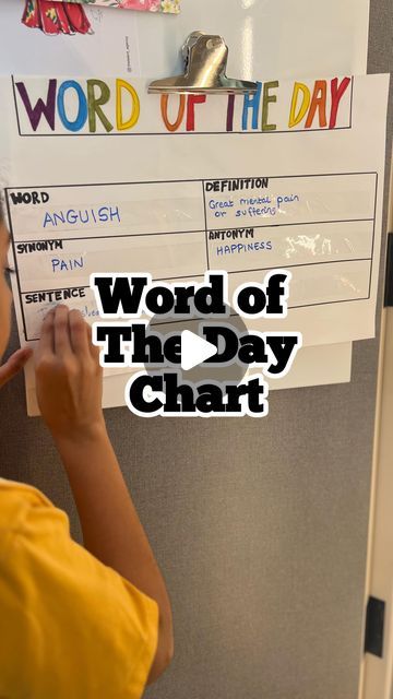 Kiddiegram - Afra & Atiya on Instagram: "WORD OF THE DAY CHART 📊📕  A good way to help add to your child’s English vocabulary is to use a WORD OF THE DAY chart. Have it put up on their pin board and everyday write a new fancy word they might not know using a marker.  Discuss the new word with your child and have them make a sentence using that word to further strengthen their understanding and memory.   Try this out for a month and see the difference.   Save & share with a mom who might need it!   #kiddiegramhacks #improvingvocabulary #improvingenglish #kidsvocabularybuilder #indianmom #kiddiegram" Teachers Day Chart For School, Word Of The Day With Sentence, Sentence Of The Day, Word Of The Day Vocabulary, New Words With Meaning, Classroom Charts, Vocabulary Builder, Classroom Anchor Charts, New Vocabulary Words