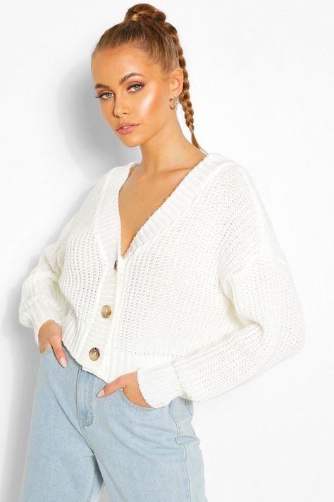 Chunky Knit Crop Cardigan #AFF, , #AD, #Aff, #Knit, #Crop, #Cardigan, #Chunky White Cropped Knit Cardigan, White Cropped Cardigan Outfit, White Crop Cardigan, Cropped Cardigan Outfit, White Cardigan Outfit, Sweater Cardigan Outfit, White Cropped Cardigan, Short Hairstyle Women, Kawaii Clothes Goth