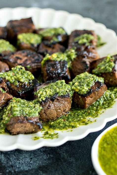 Chimichurri Steak Bites - CPA: Certified Pastry Aficionado Marinated Beef Kabobs, Steak Skewers, Chimichurri Steak, Chimichurri Sauce Recipe, Grilled Kabob Recipes, The Defined Dish, Defined Dish, Beef Kebabs, Chimichurri Recipe