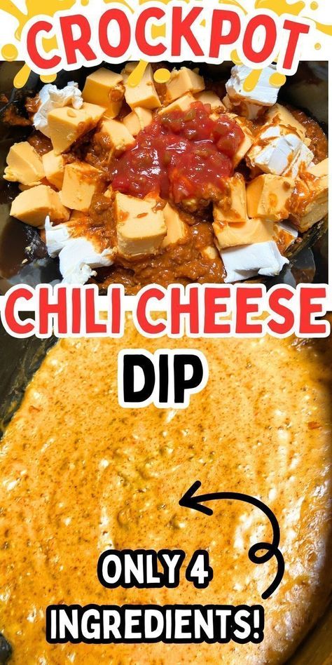 Let's kick off your summer party with this easy Crockpot chili cheese dip from Crock Pots and Flip Flops! It's a super delicious 4-ingredient dip that you can prepare ahead of time and heat up in the crockpot. This slow cooker chili cheese dip features Velveeta, cream cheese, chili, and salsa. With just a handful of ingredients, you can whip it up in minutes for group parties, family gatherings, and any occasion that calls for delicious snacks! Try this easy gluten-free recipe today! Crockpot Chili Cheese Dip, Easy Crockpot Dips, Chili Cheese Dip Crockpot, Cream Cheese Chili, Easy Crockpot Chili, Chili Cheese Dip Recipes, Cheese Dip Crock Pot, Dip Recipes Crockpot, Slow Cooker Dips