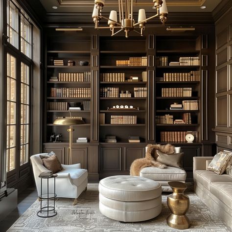 5 Home Color Trends of 2024 Mahogany Built In Shelves, Paneled Library Walls, Brown Painted Built Ins, Cool Library Design, Farrow And Ball Library, Scandi Library, Charcoal Built Ins, Taupe Bookshelves, Sophisticated Bookshelves