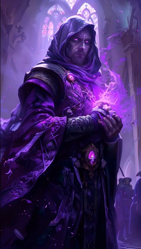 Storm Wizard Fantasy Art, Evil Warlock Dnd, Dnd Fiend Warlock, Purple Necromancer, Abjuration Wizard, Mad Wizard, Aberrant Mind Sorcerer, Void Magic, Wow Mage