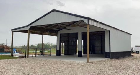 Metal Shop Building With Lean To, Metal Shop With Porch, Shop With Lean To On Both Sides, Basketball Garage, Warehouse Design Exterior, Pole Barn Shop, Metal Shops, Pole Barn Designs, Metal Garage Buildings