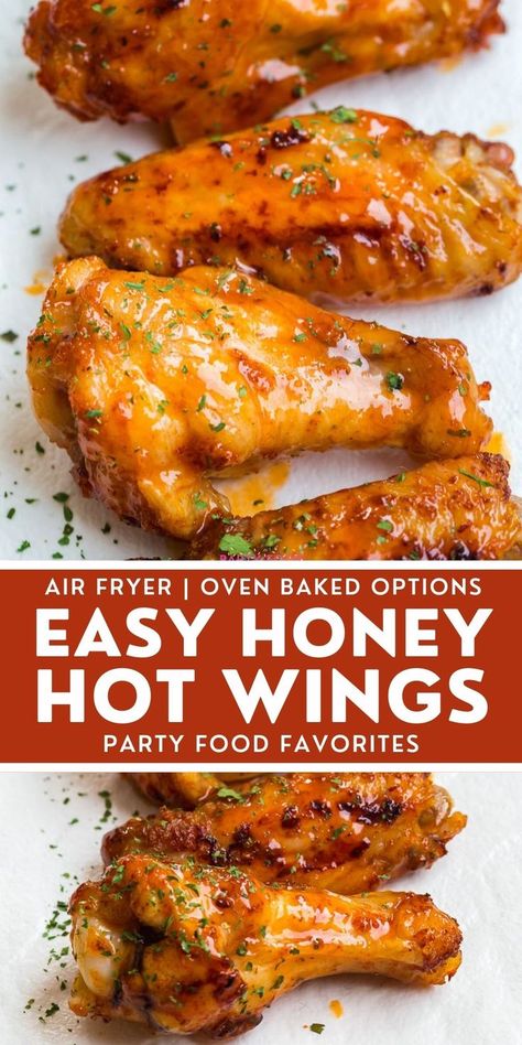 Honey Hot Wings are a crispy, crunchy snack for a crowd. Learn how to make them in the oven and your air fryer! Hot Wings Recipe Air Fryer, Oven Hot Wings, Wings Recipe Air Fryer, Honey Wings Recipe, Honey Hot Wings, Wings Recipe Oven, Chicken Wings Recipe Oven, Hot Wings Recipe, Baked Hot Wings