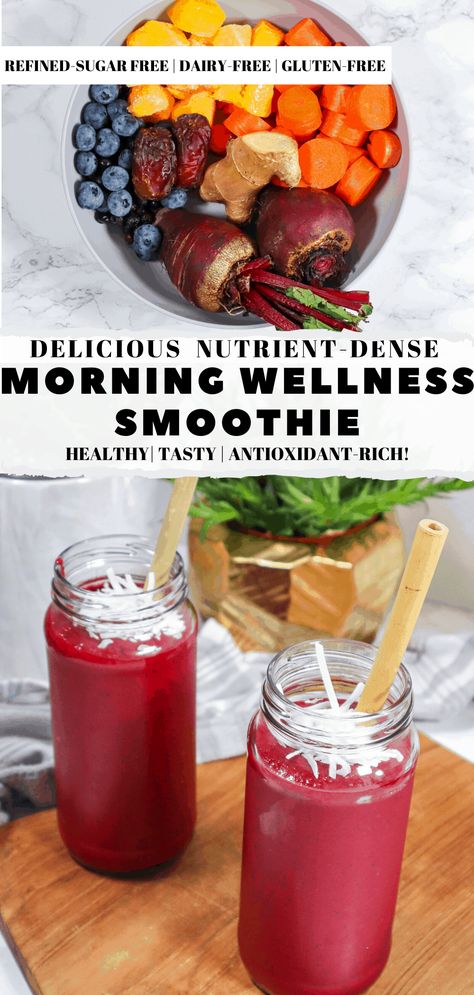 Morning Wellness Smoothie | Healthy & Nutritious! - Good Food Baddie Meals With Beets Healthy, Smoothie Recipes Antioxidant, Nutrient Dense Shakes, Bladder Smoothie, Mineral Rich Smoothie, Prepping Smoothies For The Week, Antioxidant Rich Smoothies, Beet Juice Smoothie Recipes, Calcium Smoothie Recipes