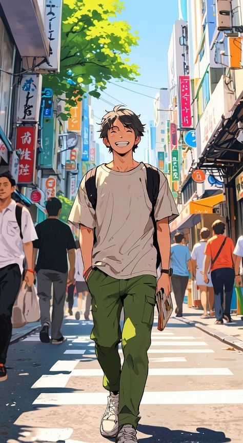 Guy Walking Drawing, Anime Smiling Face, Smiling Boy Aesthetic, Man Walking Illustration, Anime Style Character Design, Anime Smiling, Boy Character Design, Walking Illustration, Wallpaper Backgrounds Dark