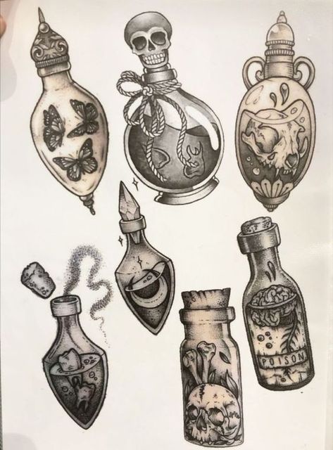 Potion Bottles Tattoo, Bottle Tattoo, Flash Ideas, Witch Tattoo, Spooky Tattoos, Potion Bottles, Tattoo Portfolio, Desenho Tattoo, Tattoo Art Drawings