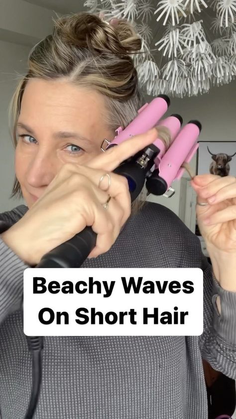 Quick change for my day 3 hair! This curling iron makes beachy waves so easy!! I’m super impressed!! If you want softer waves just release… | Instagram Crimp Short Hair Bobs, Chin Length Beach Waves, Hair Waver Styles Short, Beach Waves On Bob Hair, Curling Iron For Short Hair Bobs, Lindsay Hignett Hair, Beachy Curls Short Hair, Tips For Crimping Hair, Bob Crimped Hair