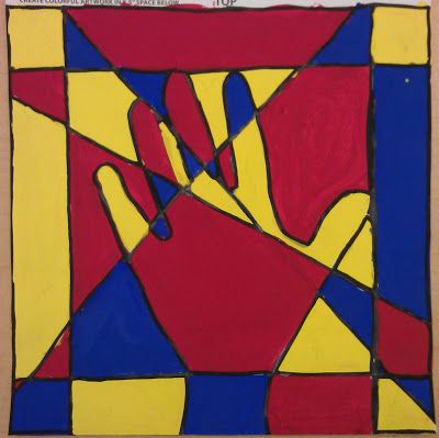 4th grade Students identified the three primary colors (red, yellow, blue) and made painting with them. They used a ruler to make a border around the paper.  Next, they traced their hand and drew t… 3 Colour Painting, Primary Colors Painting Art Projects, Color Art Lessons, Colorful Art Projects, Jacket Painting, Primary And Secondary Colors, 2nd Grade Art, Three Primary Colors, 4th Grade Art