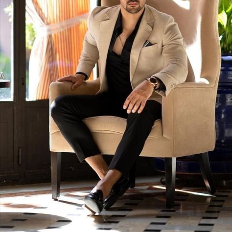 TipTopGents — Beige colour blazer a new sensation in men's... Cream Colour Blazer For Men, Mens Beige Blazer Outfit, Blazer Colours For Men, Off White Blazer Outfit Men, Cream Colour Suit For Men, Nude Suit Men, Cream And Black Suit, Tan Blazer Outfits Mens, Cream Blazer Outfit Men