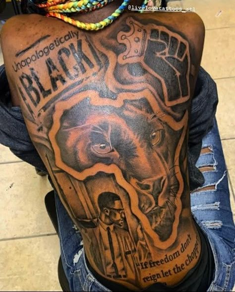 Afro Art Tattoo Ideas, Tattoo For Black Man, Africa Back Tattoo, Black Men Back Tattoos, Blm Tattoo Ideas, Black Pride Tattoo, Tattoo Designs Men Sleeve, Black Power Tattoo, African Sleeve Tattoo