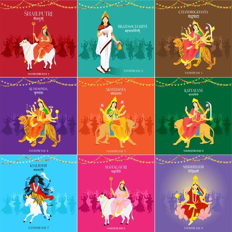 Navratri Day 1 To 9 Colors 2024, 9 Goddess Of Navratri, Navratri 9 Days Goddess, Navratri 9 Days Colours 2024, 9 Forms Of Maa Durga, Navratri Colours 2024 List, Day 9 Navratri Goddess, Navratri Banner Design, Navratri 9 Devi Images