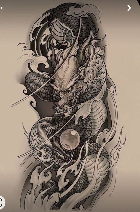 Japan Sleeve Tattoo Design, Japan Dragon Tattoo, Japanese Dragon Sleeve, Dragon Tattoo Japanese Style, Dragon Tattoo Japanese, Dragon Koi Tattoo Design, Tato Irezumi, Dragon Tattoo Shoulder, Shen Long Tattoo