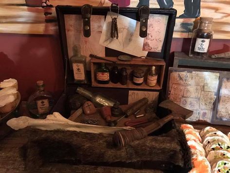 This werewolf hunting kit was created from an old leather brief case. It includes print outs of werewolf skeletons and skulls, jars of various werewolf potions, prevention's and weapons. Werewolf Pack House Aesthetic, Werewolf Pack House, Werewolf Halloween Decorations, Werewolf Party, 24th Birthday Party, Werewolf Pack, Werewolf Halloween, Monster Hunt, Brief Case