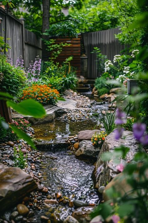 Small Garden Stream Ideas for Your Backyard Haven Small Stream In Garden, Backyard Creek Ideas, Fairy Tale Garden Ideas, Waterfall Ideas Backyard, Garden Stream Ideas, Backyard Streams, Backyard Waterfall Ideas, Hempcrete House, Backyard Creek