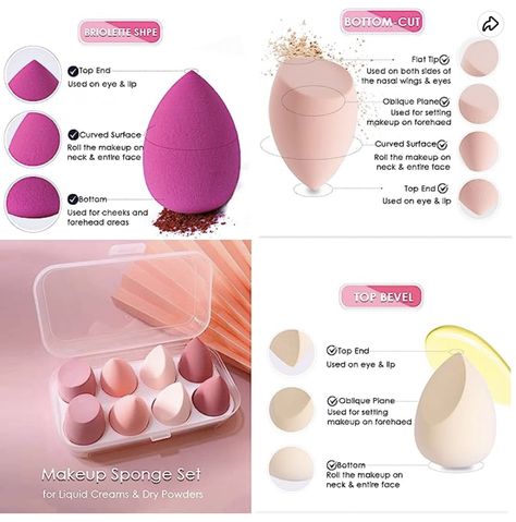 Beauty Blender Shapes And Uses, Sponge Makeup Blenders, Makeup Sponges Types, Sharp Makeup, Coloured Makeup, Tips Kecantikan, Story References, Make Up Sponge, Eyeliner Techniques