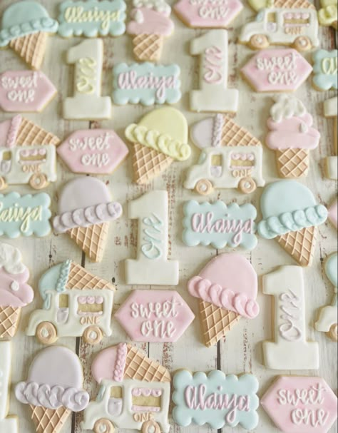 Sweet One Decorated Cookies, Sweet Caroline Birthday Theme, Sweet One Sugar Cookies, Ice Cream Party Cookies, Sweet One Birthday Cookies, Sweet One First Birthday Cookies, Ice Cream Theme Cookies, Sweet One Cookies First Birthday, Sweet One Ice Cream First Birthday