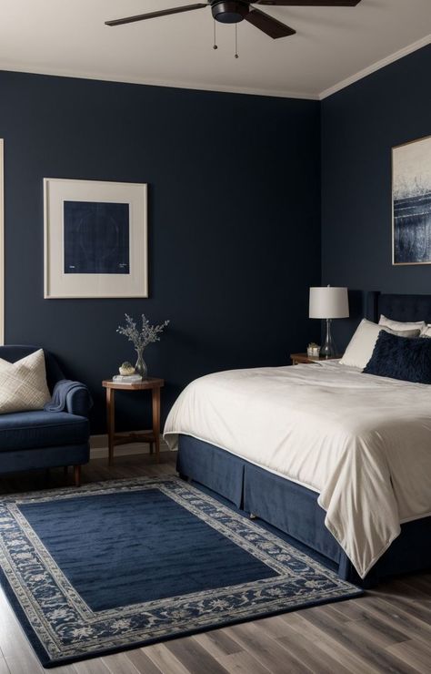 Dark Navy Room Ideas, Dark Blue Accent Bedroom, Dark Wood Bedroom Furniture Color Schemes Navy Blue, Navy Blue Themed Bedroom, Dark Blue Farmhouse Bedroom, Blue Toned Bedroom, Navy Blue Aesthetic Home, Dark Blue Bed Frame Bedroom Ideas, Dark Blue Rug Bedroom