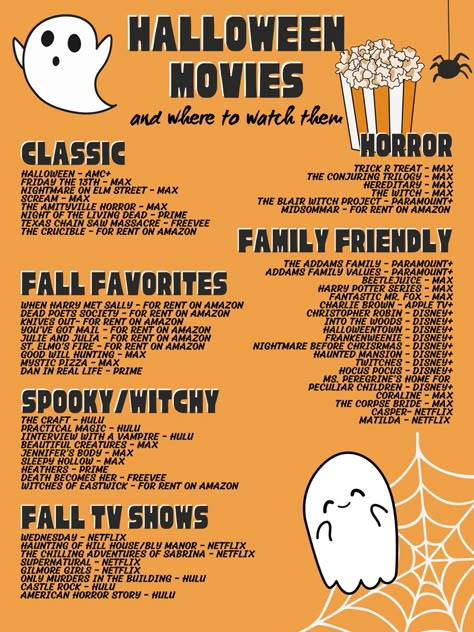 Friendly ghosts enjoying a Halloween movie night Halloween Movies Streaming List, Cute Halloween Movies, Halloween Netflix Movies, Movies To Watch Halloween, Fall Episodes, Halloween Watch List, Fall Movies To Watch, Halloween Themed Movies, Halloween Movies List