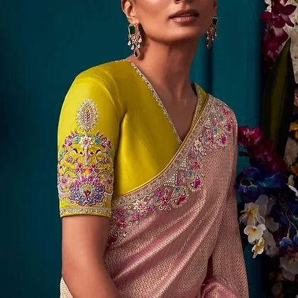 New Arrival | The Silk Trend 60/269 Yellow Saree With Contrast Blouse, Saree Party Wear, Saree Blouse Neck Designs, New Saree Blouse Designs, Fashionable Saree Blouse Designs, Indian Saree Blouses Designs, Silk Saree Blouse Designs, Indian Dresses Traditional, Elegant Blouse Designs