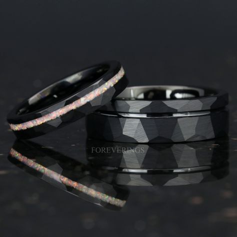 Goth Wedding Bands, Black Couple Rings, His And Her Black Wedding Rings, Black Matching Wedding Rings, Matching Black Wedding Bands, Couple Wedding Rings Black And White, Unique Wedding Bands Matching, Black Titanium Wedding Band, Black Meteorite Wedding Band