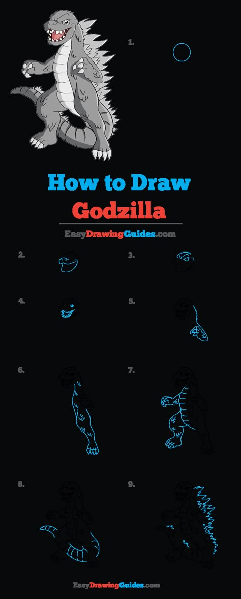 Step By Step Detailed Drawings, Godzilla Drawings Easy, How To Draw Godzilla, Draw Godzilla, Godzilla Coloring Pages, Art Drawing Videos, Godzilla Drawing, Drawing Symbols, Wee Man