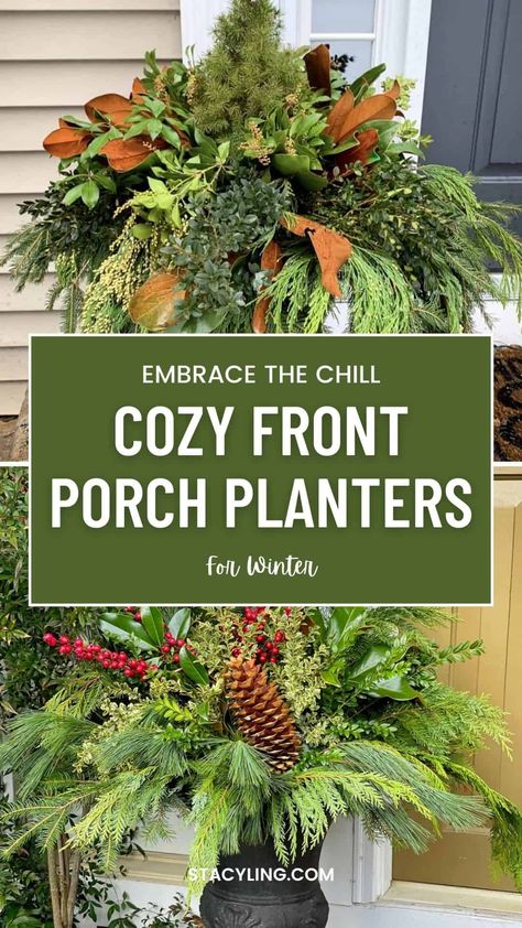 Transform your front porch into a winter wonderland with these enchanting planter ideas! #outdoorplantersforwinter #wintercontainergardens #wintercontainersgardens #outdoorplantersforchristmas #outdoorwinterdecor #outdoorwinterdecorideas #outdoorwintercontainergardening Winter Porch Ideas Cold Weather, Winter Flower Planters Outdoor, Evergreen Arrangements Outdoor, Poinsettia Outdoor Planter, Winter Flower Pots Front Porches, Spruce Tops Planters, Evergreen Porch Pots, Winter Greens Arrangements, Spruce Top Planter Ideas