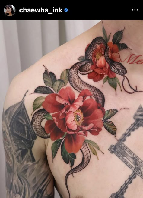 Peony Color Tattoo, Neck Tattoo Color, Colored Peony Tattoo, Red Peonies Tattoo, Sternum Floral Tattoo, Peony Snake Tattoo, Snake Peony Tattoo, Red Floral Tattoo, Red Peony Tattoo