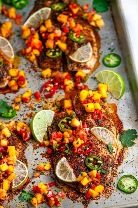 Sheet Pan Chili Lime Tilapia - A delicious Mexican inspired seafood dinner recipe done in a quick 15 minutes on just ONE pan! Gluten and dairy free. From aberdeenskitchen.com #sheetpan #chili #lime #tilapia #onepan #onepot #glutenfree #dairyfree #seafood #fish #Mexican #dinner #recipe Tilapia Recipes Sheet Pan, One Pan Tilapia And Veggies, Mexican Food Recipes Seafood, Gluten Free Dairy Free Tilapia Recipes, Tilapia Lime Recipes, Tilapia And Sweet Potato Recipes, Dairy Free Tilapia Recipes, Tilapia Recipes Baked Sheet Pan, Chili Lime Tilapia