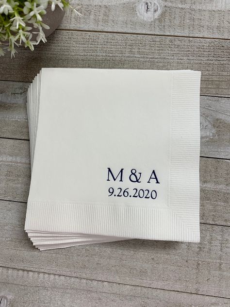 "WE HAVE BEEN PRINTING PERSONALIZED NAPKINS FOR OVER 25 YEARS! WE ARE OPEN 7 DAYS PER WEEK, PLEASE FEEL FREE TO CALL US WITH ANY QUESTIONS: 352-513-3190 This listing is for 50 personalized 3 Ply Premium Quality Napkins.You may buy as many as you need. If you need 50 buy 1...if you need 100 buy 2...if you need 150 buy 3..if you need 200 buy 4 and so on! Select your napkin size! Beverage 5\" x 5\" folded Luncheon 6.5\" x 6.5\" folded Dinner (Rectangular) 4.5\" x 8\" folded Guest Towel 4.5\" x 8\" Wedding Personal Touches, Personalized Napkins Wedding, Personalized Cocktail Napkins, Wedding Cocktail Napkins, Wedding Napkins Personalized, Yacht Wedding, Napkins Wedding, Wedding Personalized, Wedding Reception Inspiration