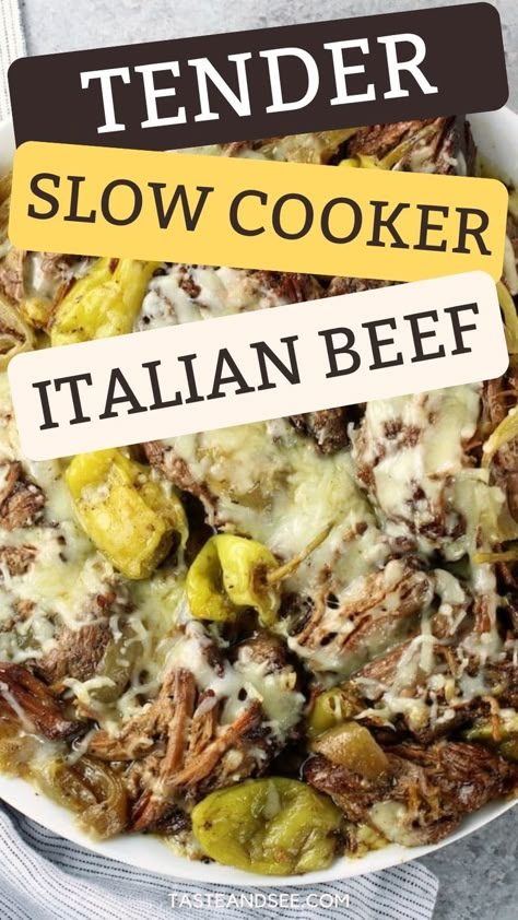 Experience the rich flavors of Italy with this Tender Slow Cooker Italian Beef recipe. Made with succulent beef, aromatic Italian seasonings, and pepperoncini for a slight kick, this dish is perfect for a hearty family meal. Simply set it in your slow cooker and let the flavors meld together for a delicious, hassle-free dinner. Slow Cooker Pepperoncini Beef, Slow Cooker Beef With Pepperoncini, Beef Peppercini Crockpot, Italian Beef With Pepperoncini, Crock Pot Italian Beef Slow Cooker, Pressure Cooker Italian Beef, Pepperchini Beef Slow Cooker, Pepperocini Roast Crockpot Italian Beef, Roast Italian Seasoning Crock Pot