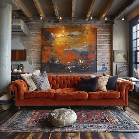 Discover this award-winning industrial-chic living room in a converted factory mansion. It features a luxurious orange velvet chesterfield sofa and rustic wooden beams against distressed brick walls. A large, colorful abstract painting adorns the wall, enhancing the urban vibe. Dark wood parquet floors and a vintage Turkish rug complete the stylish ensemble. Orange Chesterfield Sofa, Rust Velvet Sofa Styling, Living Room Orange Sofa, Orange Sofa Decor Ideas, Chesterfield Sofa Living Room Ideas, Red Brick Living Room, Industrial Chic Living Room, Distressed Brick Wall, Velvet Couch Living Room