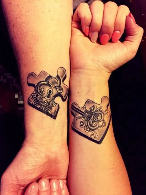 Lock and key puzzle couple wrist tattoo Art Puzzle Pieces, Lock Key Tattoos, Puzzle Tattoo, Couple Wrist Tattoos, Tattoo Designs With Meaning, Key Tattoo Designs, Tattoo Therapy, Lock Tattoo, Puzzle Piece Tattoo