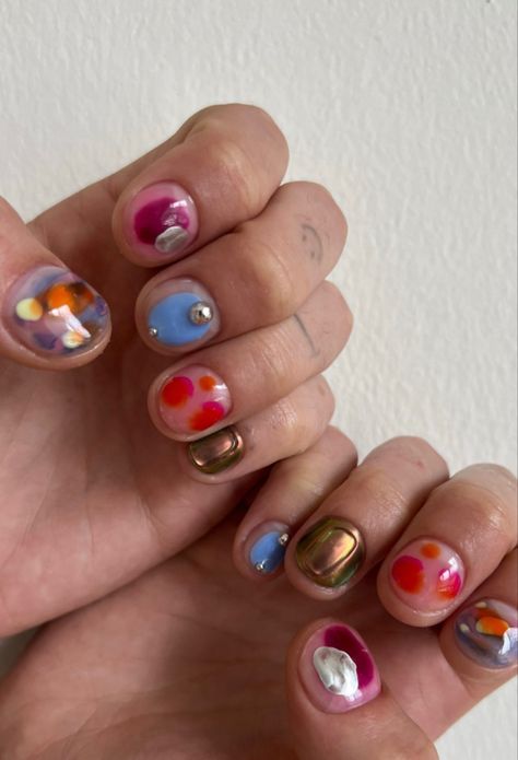 Trendy Nails With Gems, Jelly Nails 2023, Jelly Fruit Nails, 0.5 Nail Pics, Chunky Short Nails, Nail Designs Jelly Nails, Jelly Short Nails, Korean Jelly Nails Designs, Korean Nail Designs Trends