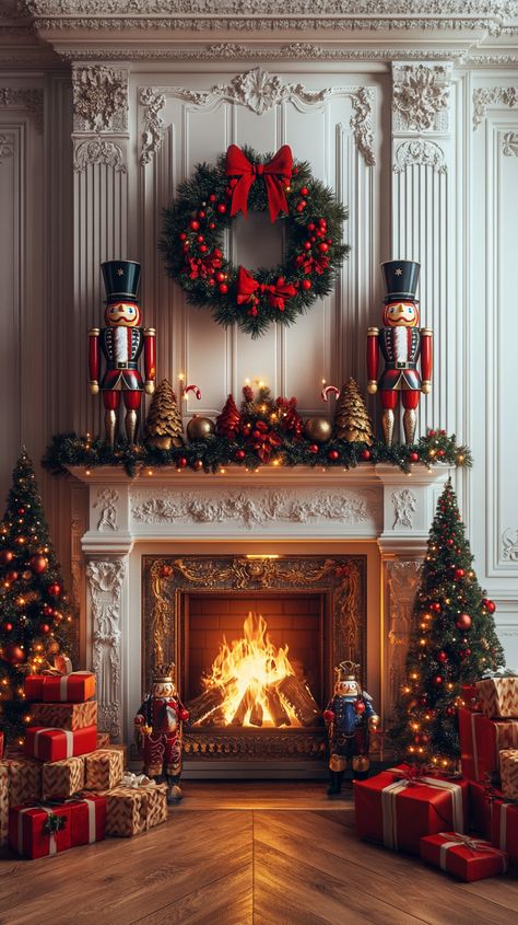 Festive fireplace decorated with wreaths, garlands, nutcracker figures, and stacked presents, creating a cozy holiday Nutcracker On Mantle, Christmas Chimney Decoration, Christmas Mirrors, Christmas Window Decorations Indoor, Cozy Christmas Mantle, Holiday Fireplace Decor, Cozy Christmas Fireplace, Christmas Chimney, Christmas Edits