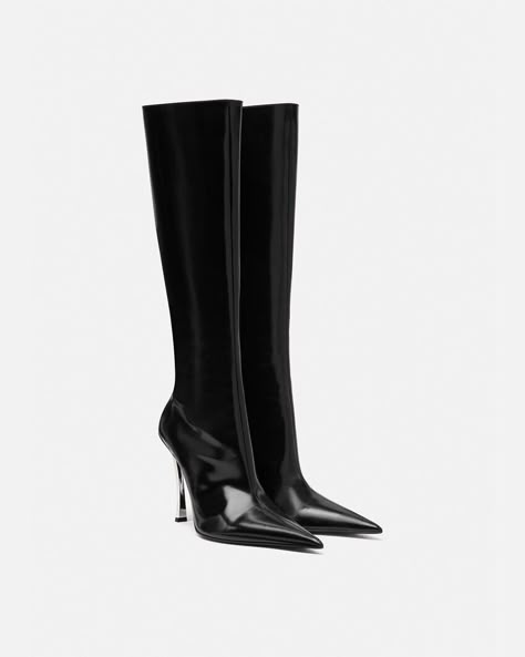 Versace Pin-Point Knee-High Boots | VERSACE 2000s Heels, Versace Boots, Knee Thigh Boots, Lone Fox, Versace Women, Stiletto Heels Boots, Dr Shoes, Luxury Designer Shoes, All Black Fashion