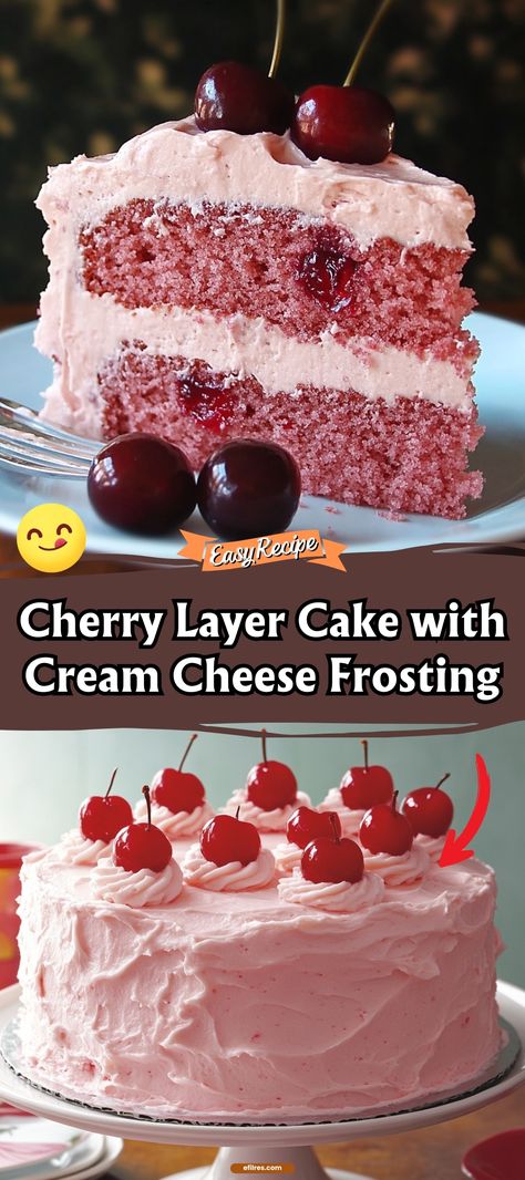 Cherry Layer Cake with Cherry Cream Cheese Frosting Cherry Frosting Recipe, Cherry Cream Cheese Frosting, Cherry Layer Cake, Maraschino Cherries Recipes, Cherry Chip Cake Mix, Cherries Recipes, Cherry Chip Cake, Cake With Cherry, Cherry Frosting