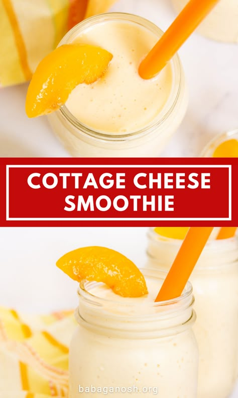 Easy Breakfast Smoothie Recipes, Peach And Cottage Cheese, Fruit Shakes Recipes Healthy, Cottage Cheese Smoothie Healthy, Protein Shake With Cottage Cheese, Cottage Cheese Peaches, Low Carb Fruit Smoothie, Smoothies With Cottage Cheese, Frozen Fruit Smoothie Recipes Healthy